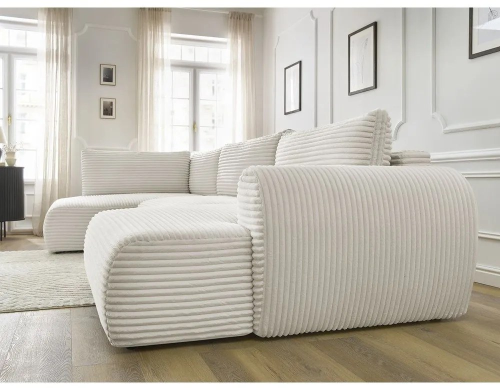 Krémszínű kordbársony kinyitható sarokkanapé (jobb oldali-U alakú) Lucien – Bobochic Paris