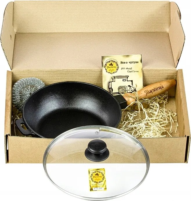 Öntöttvas serpenyő fedővel és fa nyéllel 26 cm