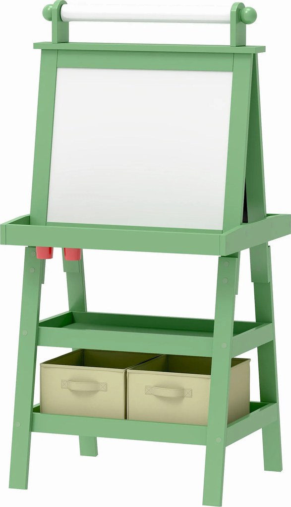 AIYPLAY Gyermek Grafikai Állvány 3 az 1-ben Mágneses Kétoldalas Gyermek Krétatábla Festő Állvány Papírtekercsel és Tárolókosarakkal 59x48x118 cm Zöld