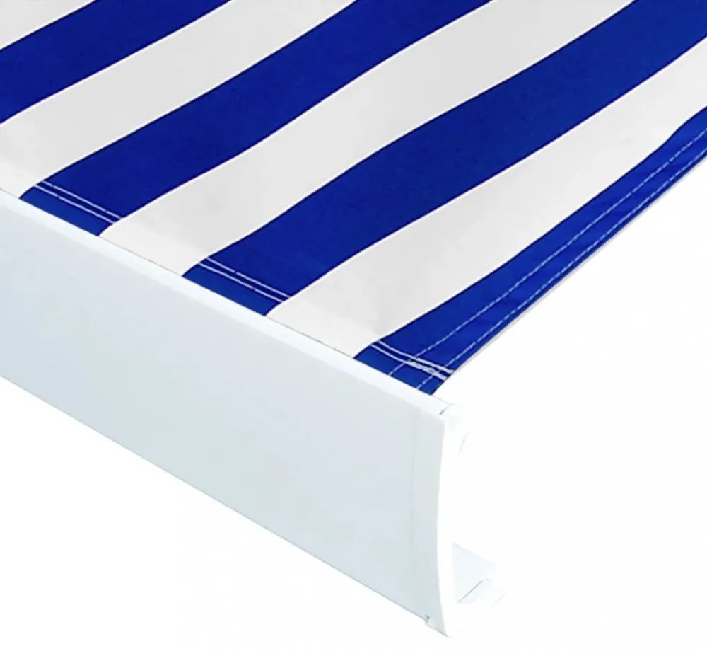 kék és fehér motorizált kazettás napellenző 450 x 300 cm