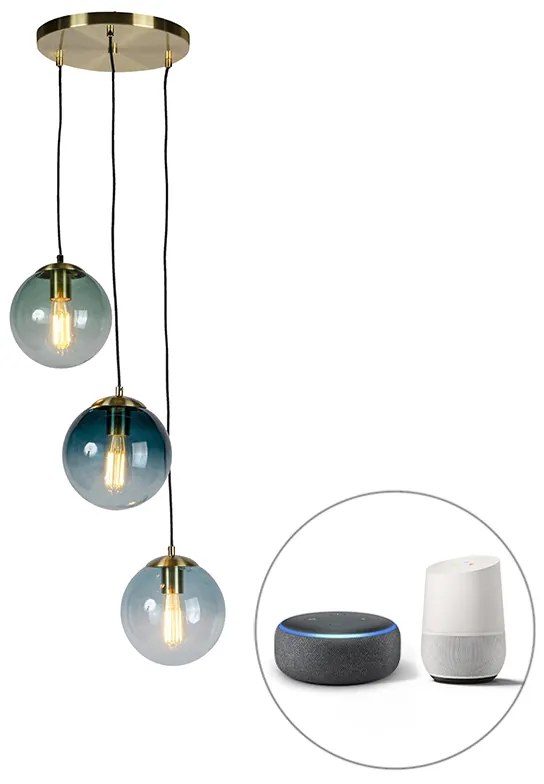 Okos függőlámpa sárgarézzel, 3 db WiFi ST64 izzóval, kék üveggel - Pallon