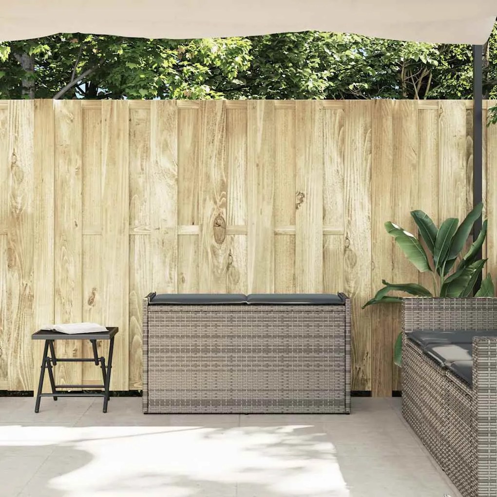 Szürke polyrattan kültéri tárolópad párnával 100 cm