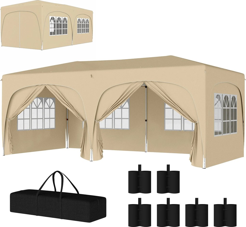 Outsunny Pavilon körülbelül 3x6m, vízálló, stabil, télálló, összecsukható sátor, UV védelem 50+, összecsukható partysátor 6 oldalfallal a kerthez, hom
