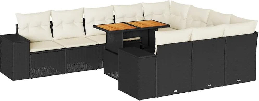 vidaXL 10 részes fekete polyrattan akácfa kerti ülőgarnitúra párnákkal