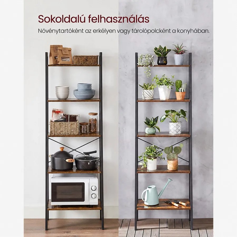 VASAGLE ALINRU 5 szintes létrapolc fémvázzal, 56 × 34 × 172 cm, rusztikus barna-fekete