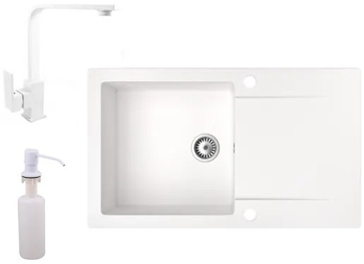 Gránit mosogató NERO Gold + Design csaptelep + adagoló (fehér)