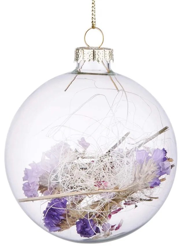 HANG ON üveggömb karácsonyfadísz szárított virággal, többféle Ø8cm