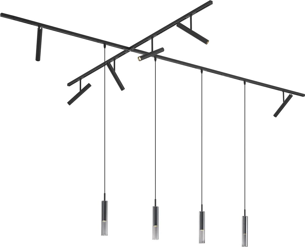 Modern fekete sínrendszer 6 spotlámpával és 4 fekete függőlámpával, 1 fázisú - Slimline Avery Loyce
