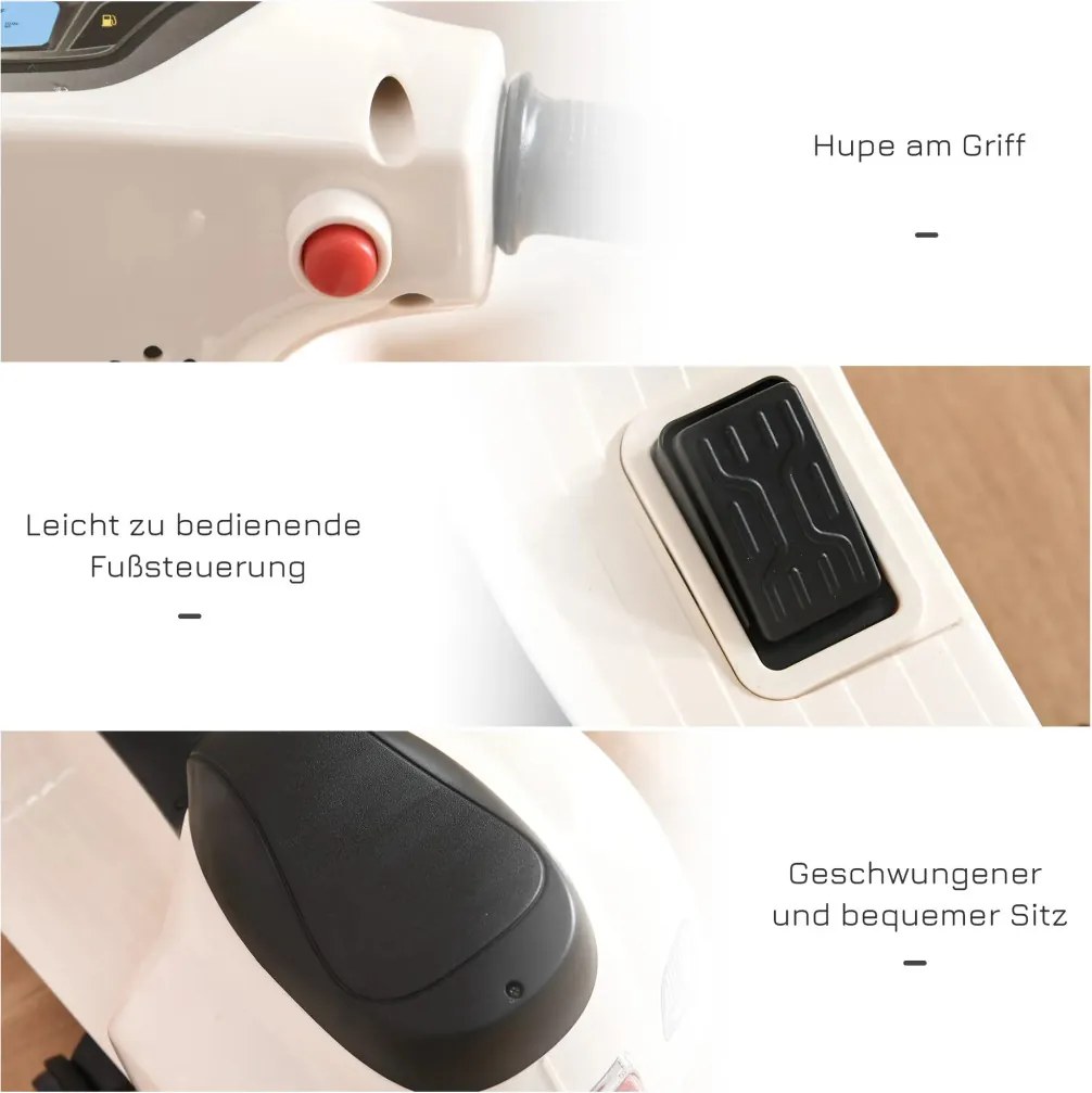HOMCOM Elektromos gyerekmotor vespa, LED fénnyel, hanggal, 18-36 hónapos korú, fehér