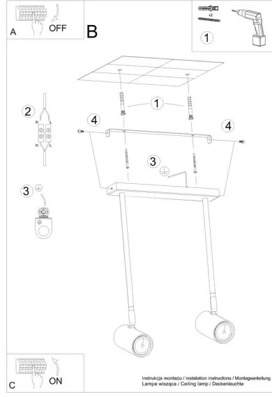 Sollux SL.1075 - Csillár rúdon NORANO 2xGU10/40W/230V fekete
