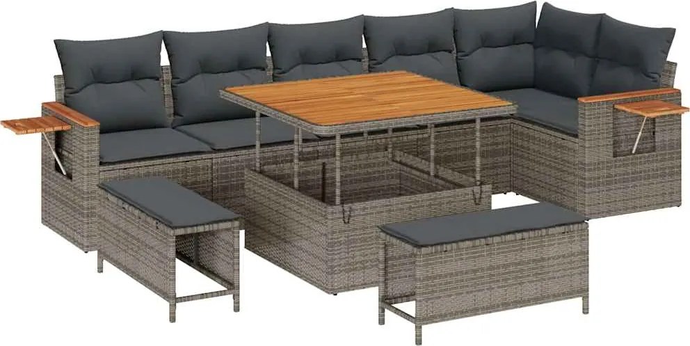 vidaXL Kerti Kanapé Szett 9 pcs Szürke Poli rattan és porfestett acél