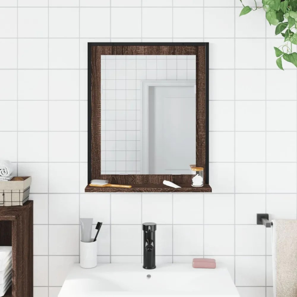 barna tölgy szerelt fa fürdőszobai tükör polccal 50x12x60 cm