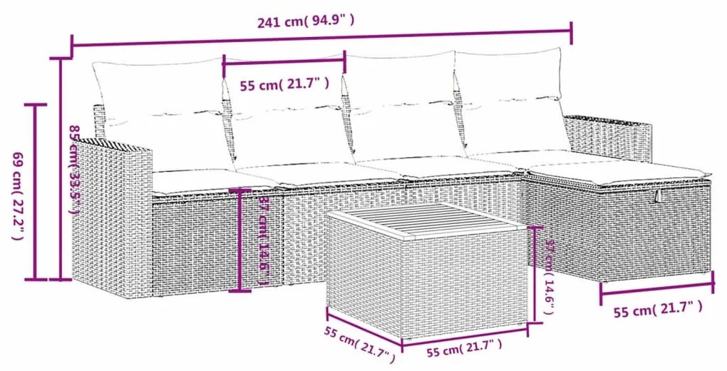 6 részes szürke polyrattan kerti ülőgarnitúra párnákkal