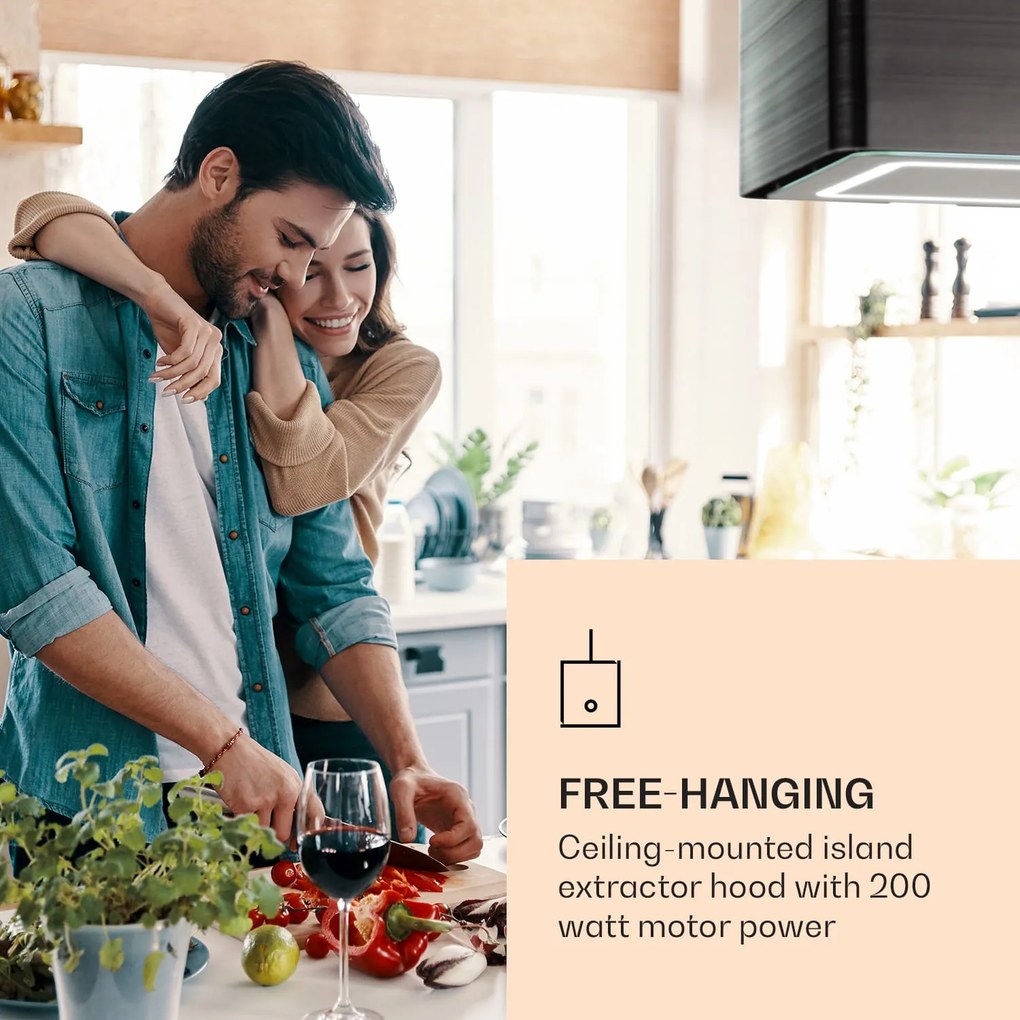 Klarstein Futurelight Smart, sziget páraelszívó, recirkuláció, 420 m³/ó, LED, nemesacél