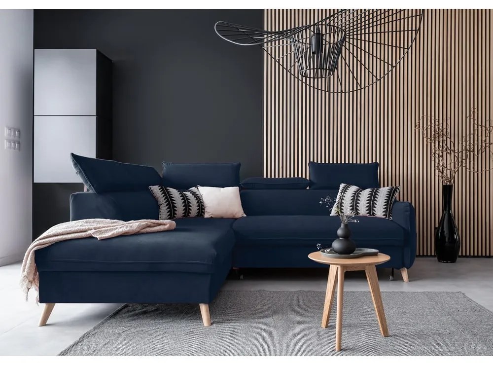 Sötétkék bársony kinyitható sarokkanapé (bal oldali) Sweet Harmony – Miuform