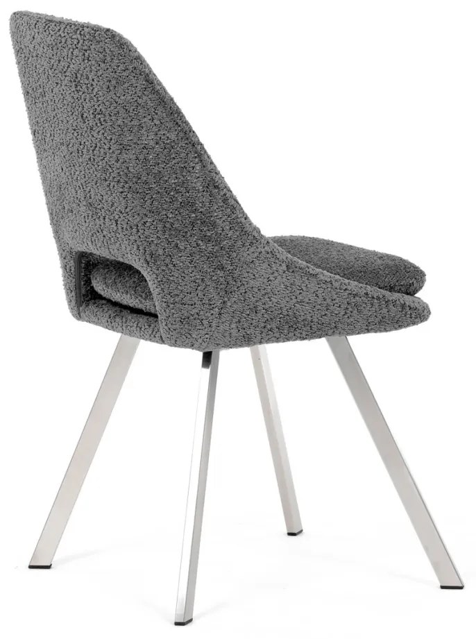 Scaun de sufragerie modern, tapițerie din material gri, picioare metalice, oțel inoxidabil periat.