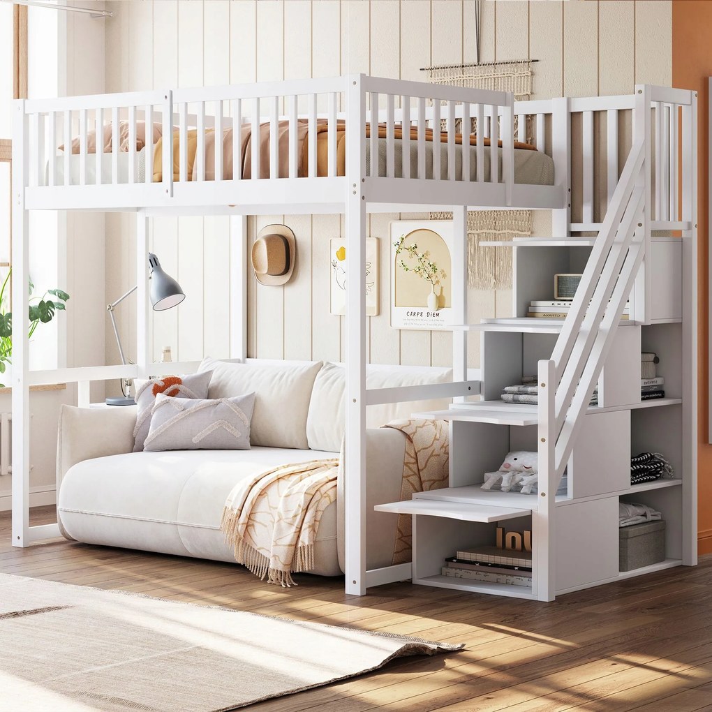 Gyerekágy Fenyő emeletes ágy Lépcsőszekrény Fehér 140x200cm