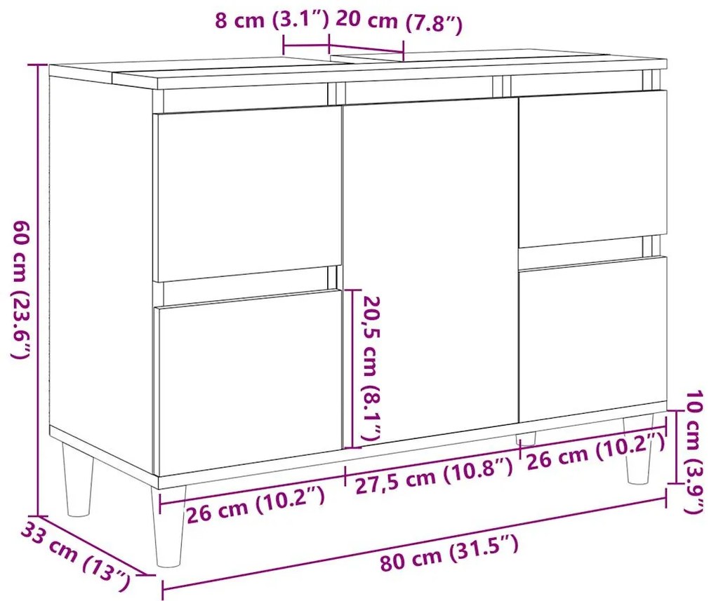 betonszürke szerelt fa mosdószekrény 80 x 33 x 60 cm