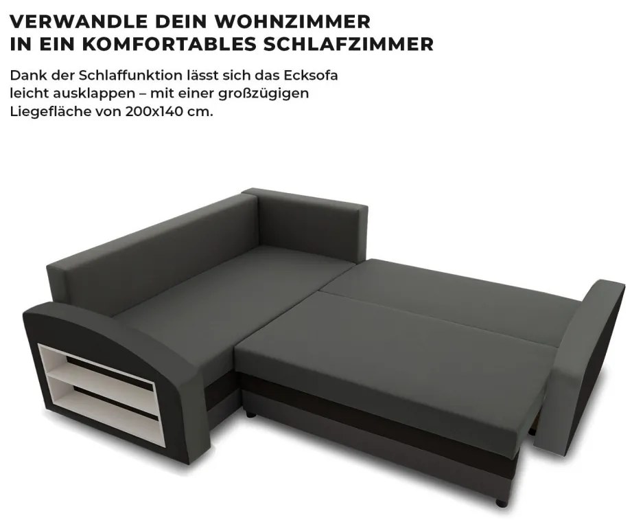 Grande sarokkanapé polcokkal , polc a bal karfaban, baloldali, szövet anyag, hab töltet, szürke - fekete