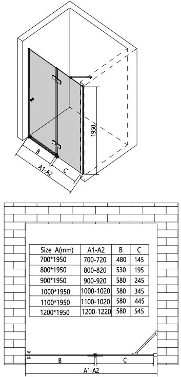 Erga Bern, 1-szárnyú osztott zuhanyajtó nyitásra 70x195 cm, 6mm átlátszó üveg, fekete profil, ERG-V02-BERN-D070-BK