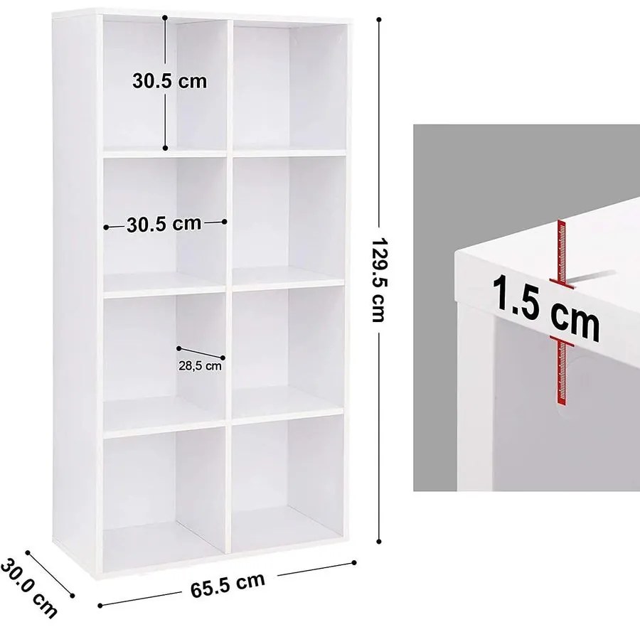 8 kockás tároló könyvespolc, szabadon álló könyvespolc, fehér