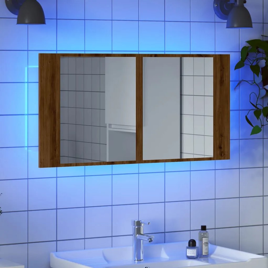 kézműves tölgy szerelt fa tükrösszekrény LED-del 90x12x45 cm