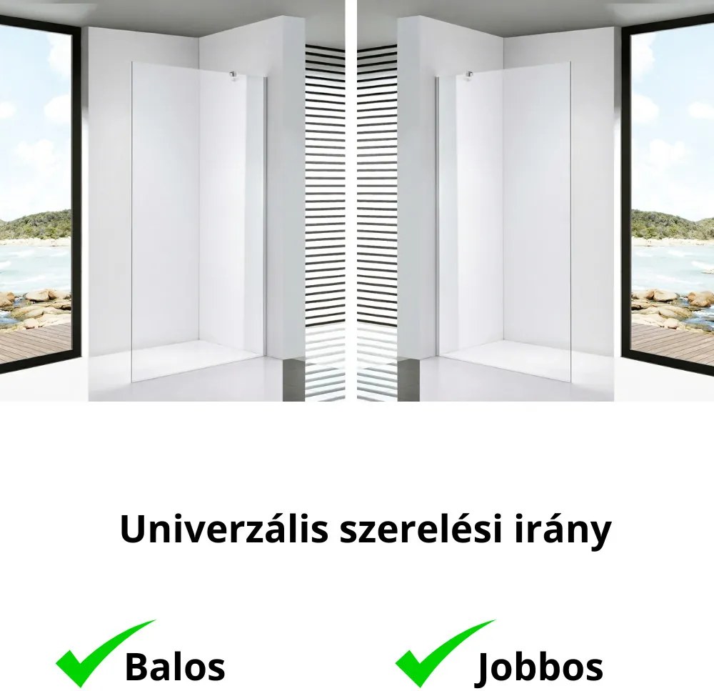 Stuxi Milano Easy Walk-in zuhanyfal, 130x200 cm, 8 mm vastag vízlepergető biztonsági üveggel, helytakarékos stabilizátorral