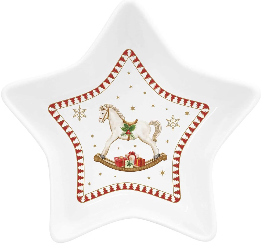 Karácsonyi porcelán csillag alakú tálka hintalovas díszdobozban Magie de Noel