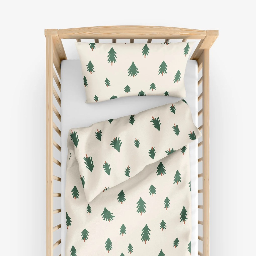 Goldea gyermek pamut ágyneműhuzat kiságyba - fenyőfák natúr alapon 110 x 125 és 35 x 55 cm