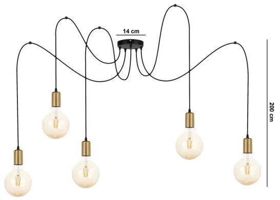 Csillár zsinóron MIROS 5xE27/60W/230V pók fekete/arany