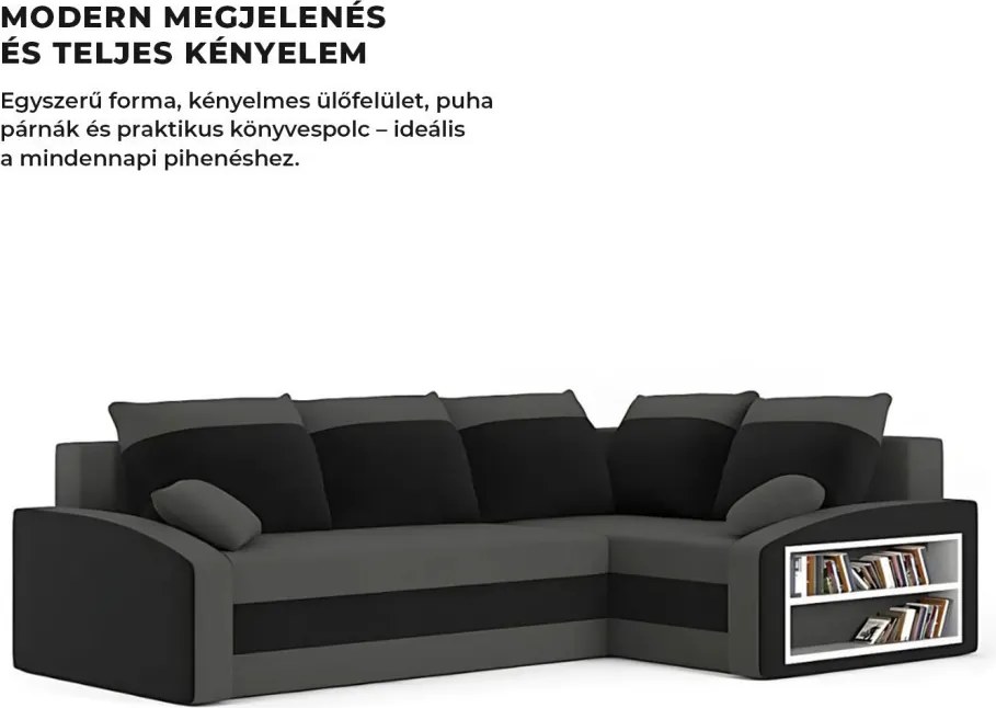 Grande sarokkanapé polcokkal , polc a jobb karfaban, jobboldali, szövet anyag, hab töltet, szürke - fekete
