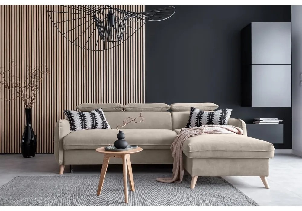 Bézs bársony kinyitható sarokkanapé (jobb oldali) Sweet Harmony – Miuform