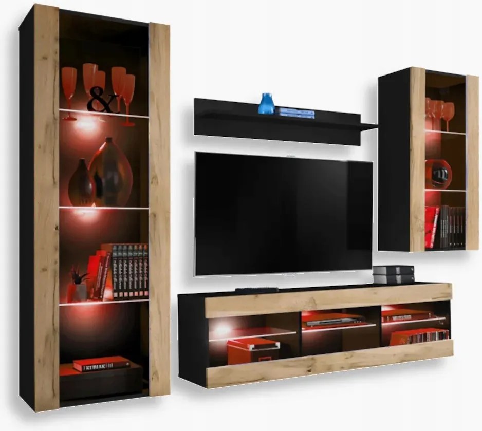 komodee Tivoli Medio Rtv szett nappaliba fekete-tölgy Wotan Rgb Led
