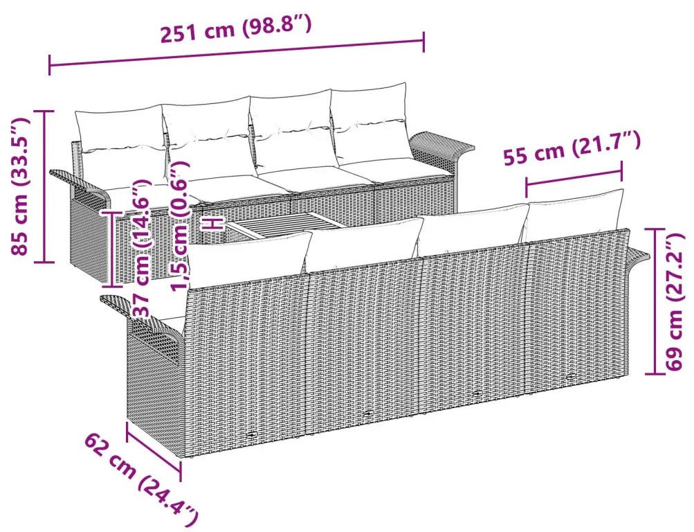 9 darabos Kerti Kanapé Szett Párnákkal Bézs Poli Rattan Akácia