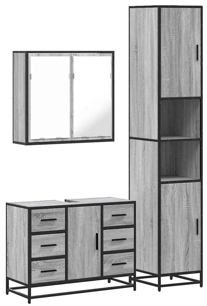 3 részes szürke sonoma színű szerelt fa fürdőszobai bútorszett