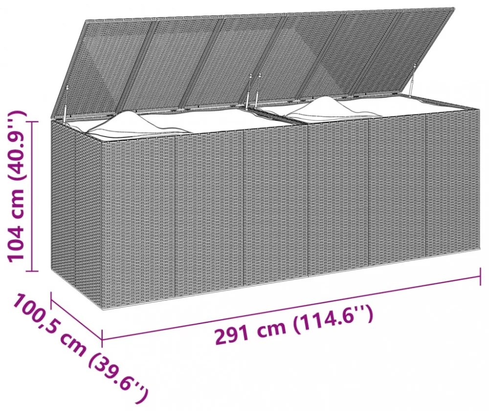 szürke polyrattan kerti párnatartó doboz 291 x 100,5 x 104 cm