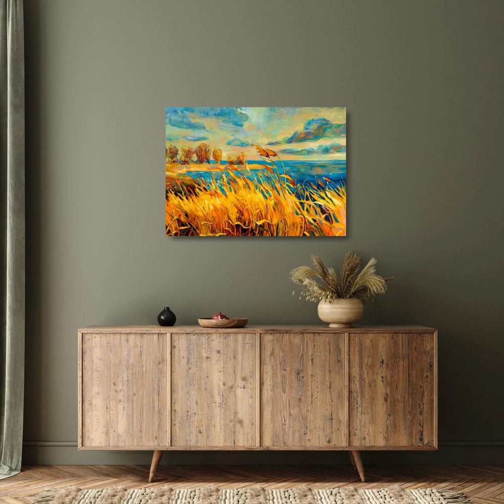 Kép - naplemente a tó felett, akril festmény (üvegen) (70x50 cm)