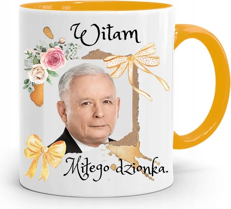 Sárga Vicces Bögre Jaroslaw Kaczynski felirattal, fényképpel