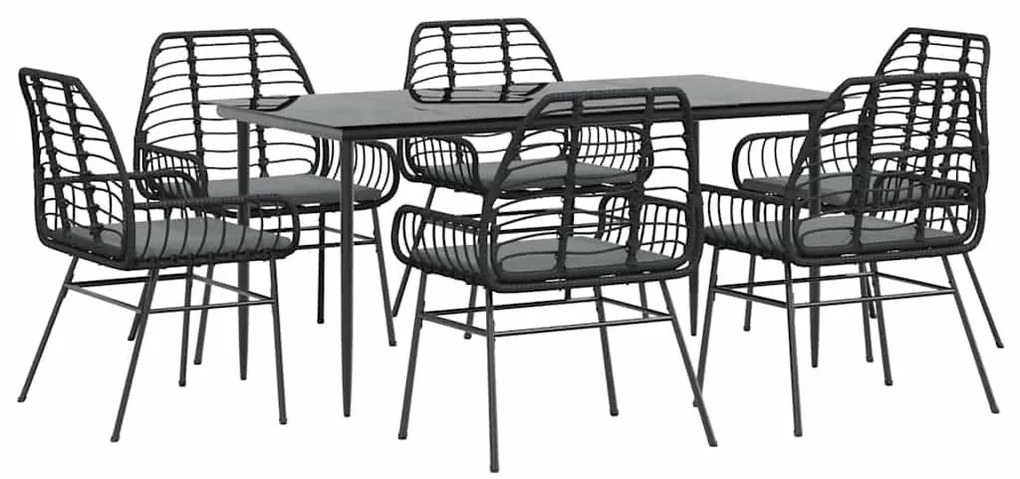 7 részes fekete polyrattan üveg kerti étkezőgarnitúra párnákkal