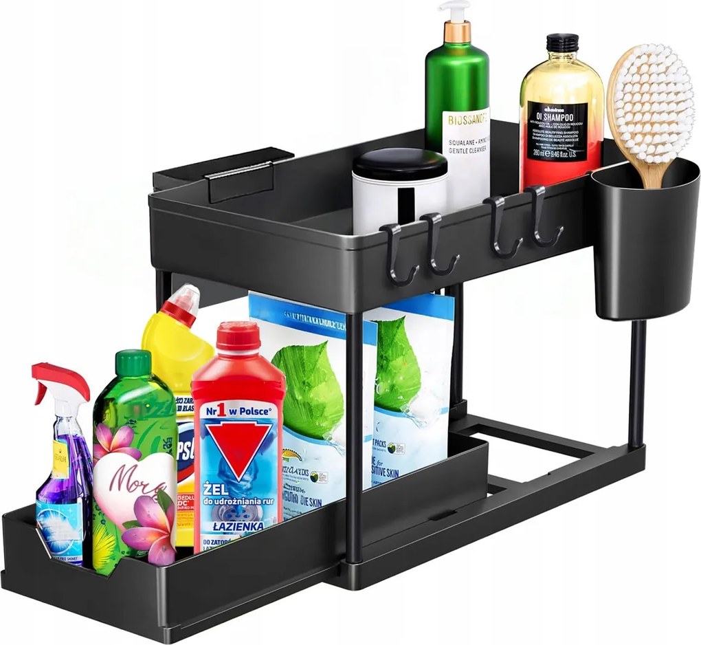 Mosogató Alatti Rendszerező 2 Szintes Kihúzható Polcos Polc Konyhai Állvány Fekete