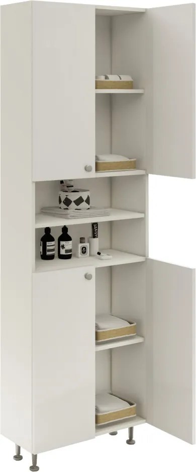 Zaria 4 ajtós fürdőszobai magasszekrény, Fényes fehér / Fehér, MDF, 60 x 27 x 190 cm