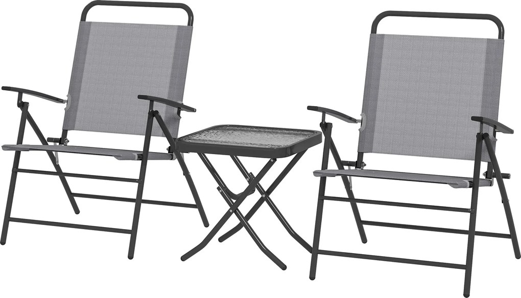 Outsunny 3 részes terasz bútor szett, összecsukható kerti asztal és székek állítható háttámlával, üveg felsőrésszel és acél vázzal - Szürke | Aosom