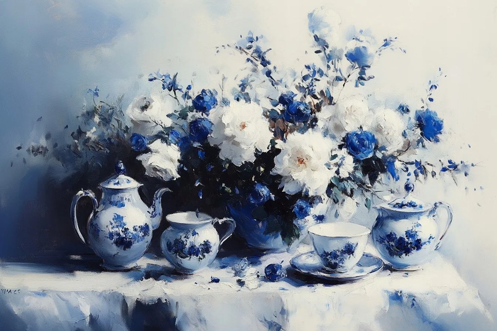 Vászonkép Canvas Virágok Kínai Porcelán Szerviz Kávé Tea 120x80