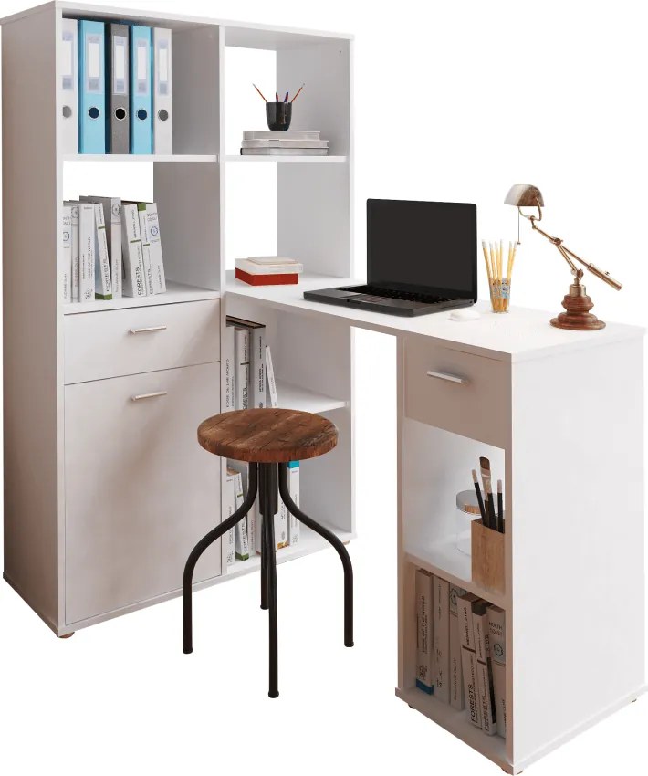 Sarok PC asztal könyvespolccal, fehér, MINESON