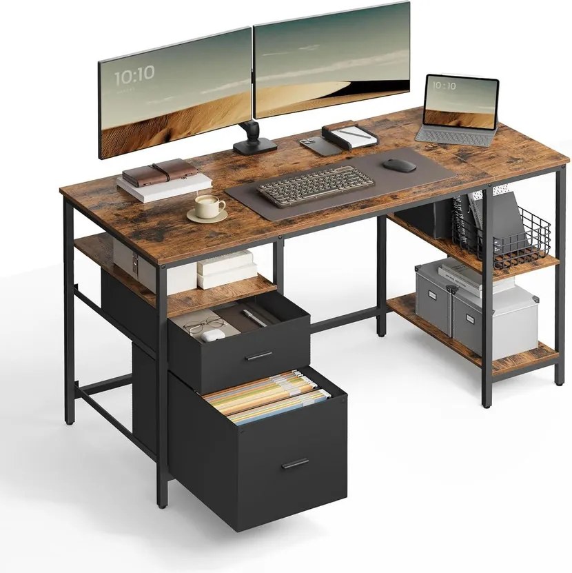 VASAGLE számítógépasztal, íróasztal 3 polccal, 60x140 cm, barna és fekete