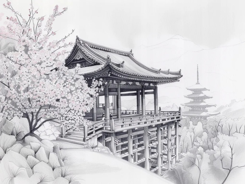 Vászonkép Canvas Tájkép Grafika Park Kert Japán Sakura 100x75
