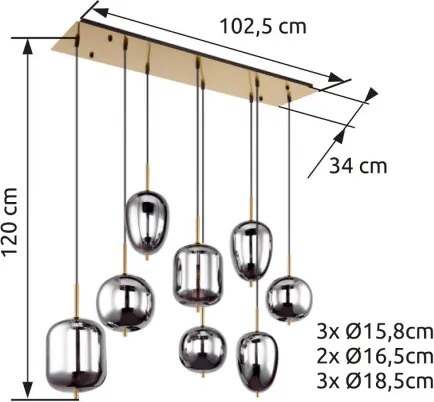 Globo 15345-8MM Függeszték réz matt fém váz, füstszínű 8 különböző méretű, és formájú üvegbúrával. HxSZxM940x340x1200, fényforrás nélkül szállítva 8xE14 40W 230V