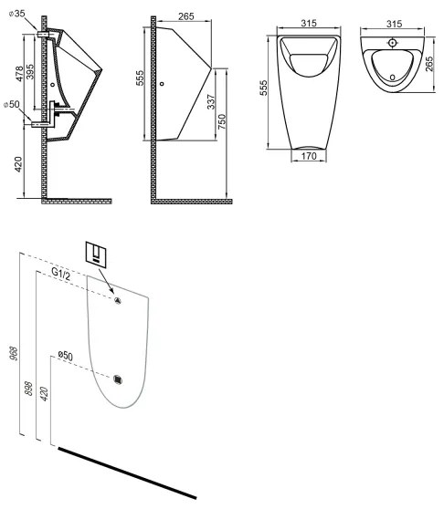 Bruckner - Piszoár SCHWARN, hátsó vízbekötés, hátsó lefolyó + beépített öblítőrendszer, 6V DC, fekete