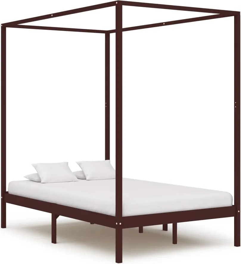 vidaXL sötétbarna tömör fenyőfa baldachinos ágykeret 120 x 200 cm