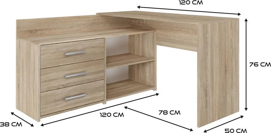 Dany sarok íróasztal polccal, tárolóval, sonoma